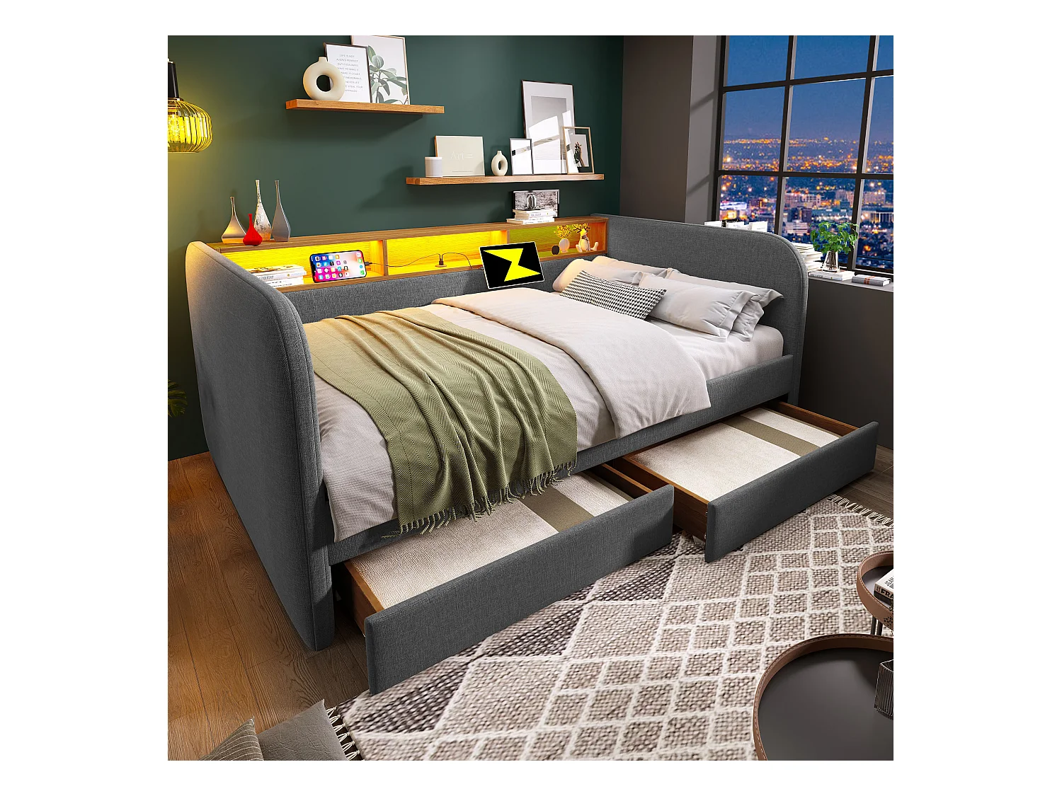 Lit banquette adulte 140x190cm avec 2 tiroirs, LED et USB type-C, lin gris, sans matelas