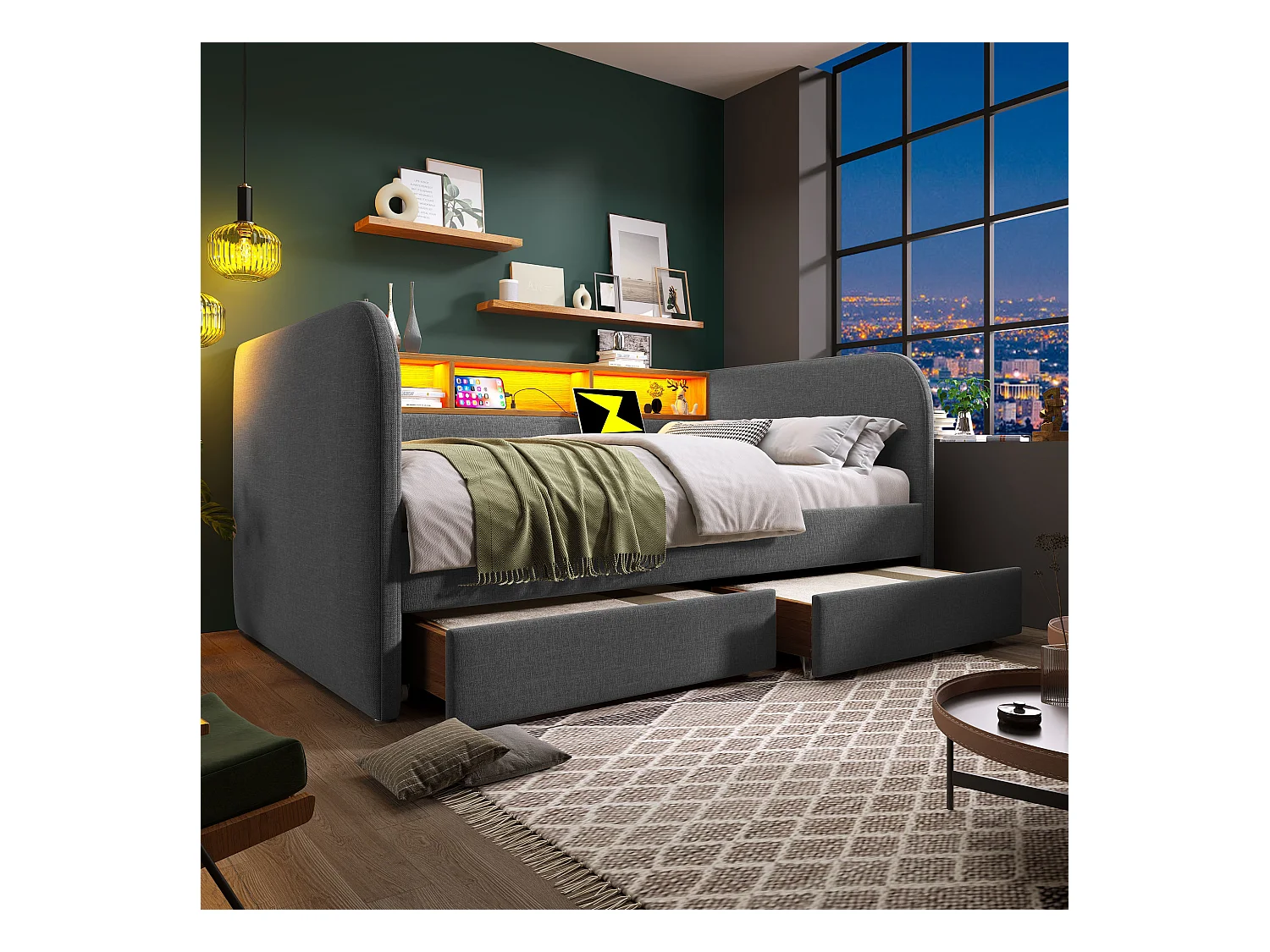 Lit banquette adulte 140x190cm avec 2 tiroirs, LED et USB type-C, lin gris, sans matelas