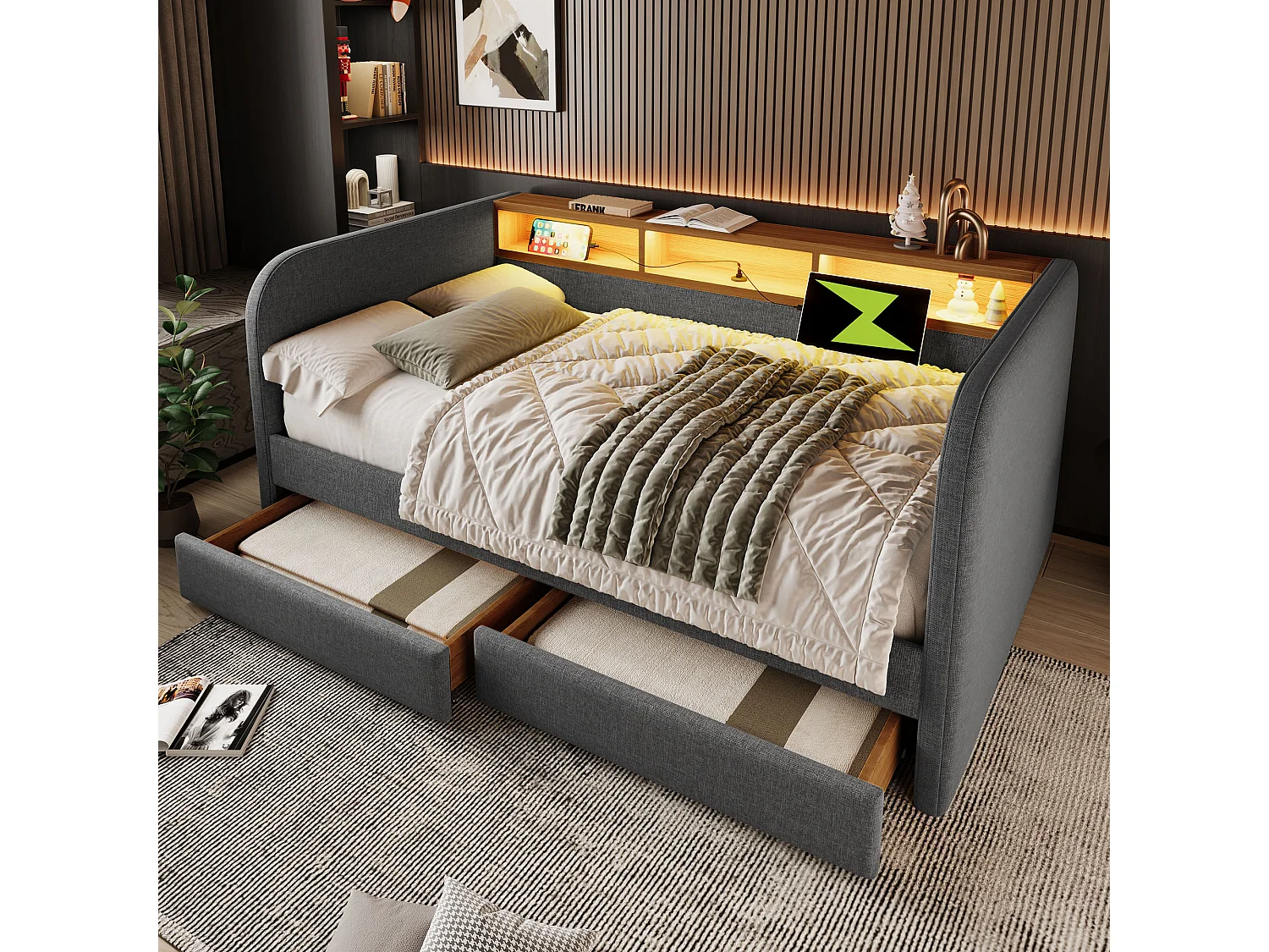 Lit banquette adulte 140x190cm avec 2 tiroirs, LED et USB type-C, lin gris, sans matelas