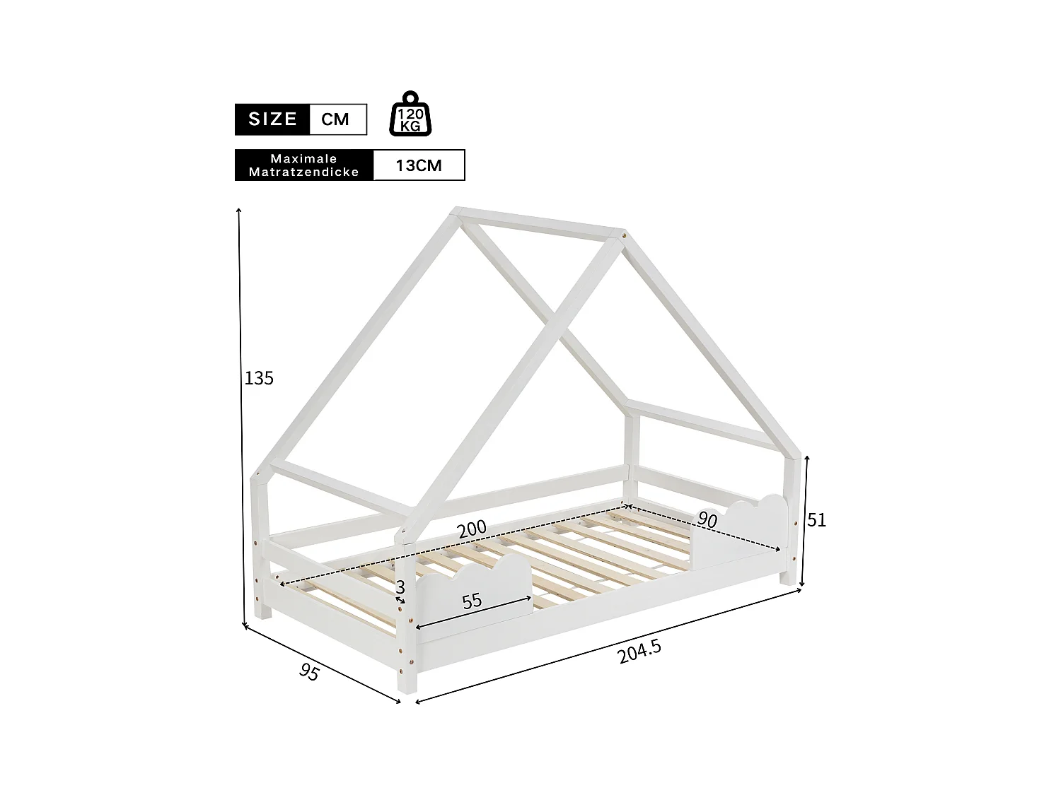 Huisbed voor kinderen 90x200 cm met veiligheidsbarrières, grenenhout, wit, zonder matras