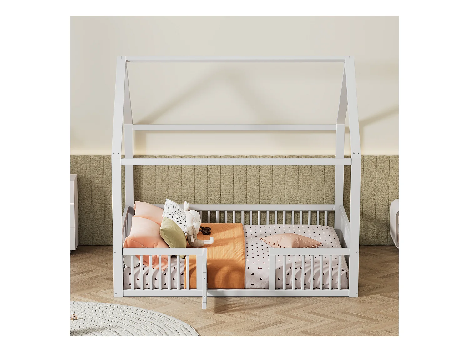 Lit cabane enfant 140x200cm avec Barrières de sécurité, pin+MDF, blanc, sans matelas