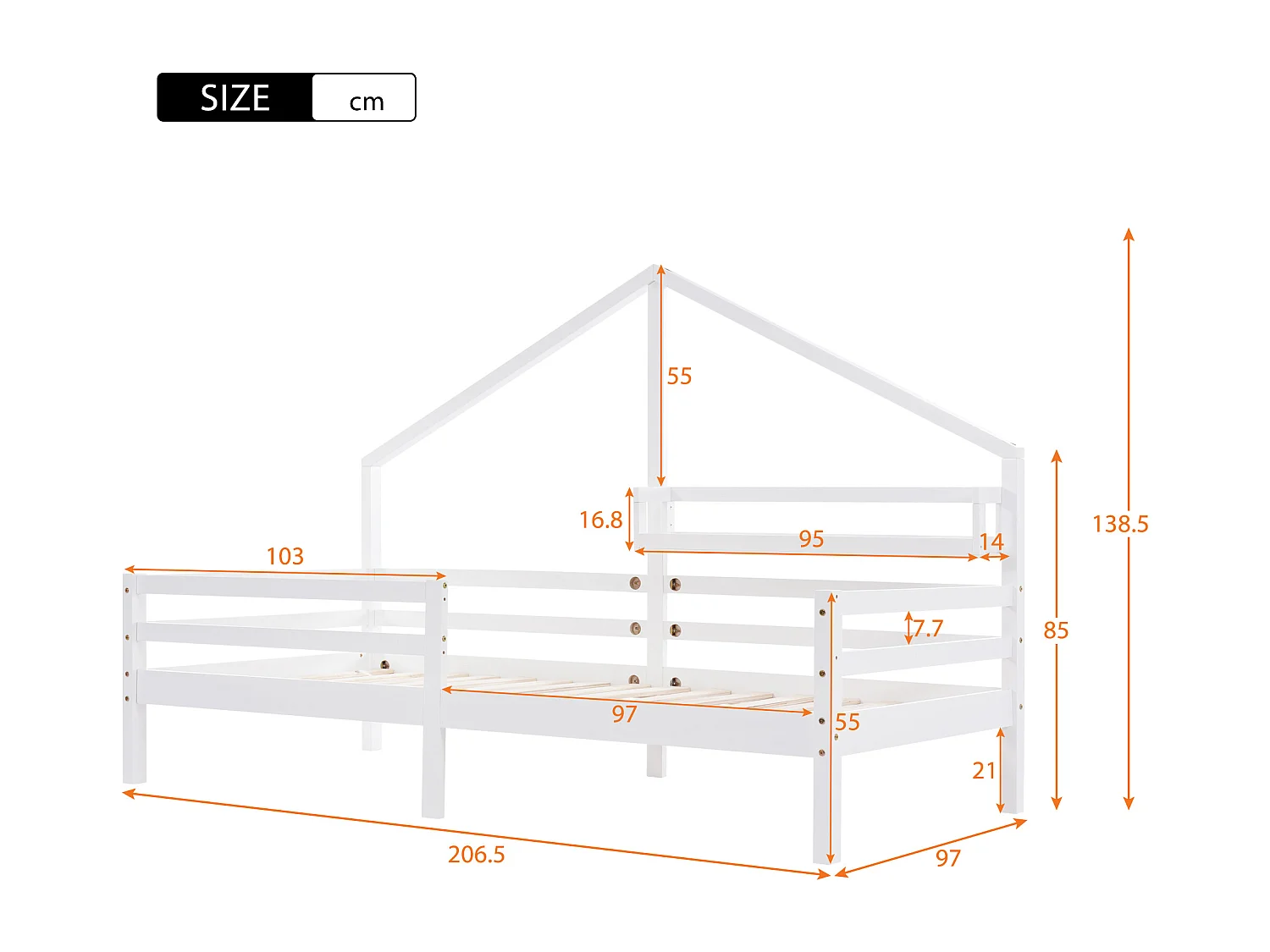 Lit cabane enfant 90x200cm avec barrière anti-chute, bois de pin blanc, sans matelas