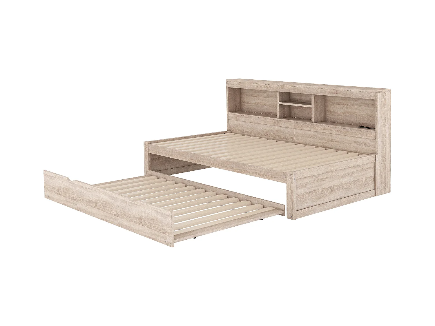 Lit enfant 90x200cm avec Etagère, lit gigogne 90x190cm,MDF naturel, sans matelas