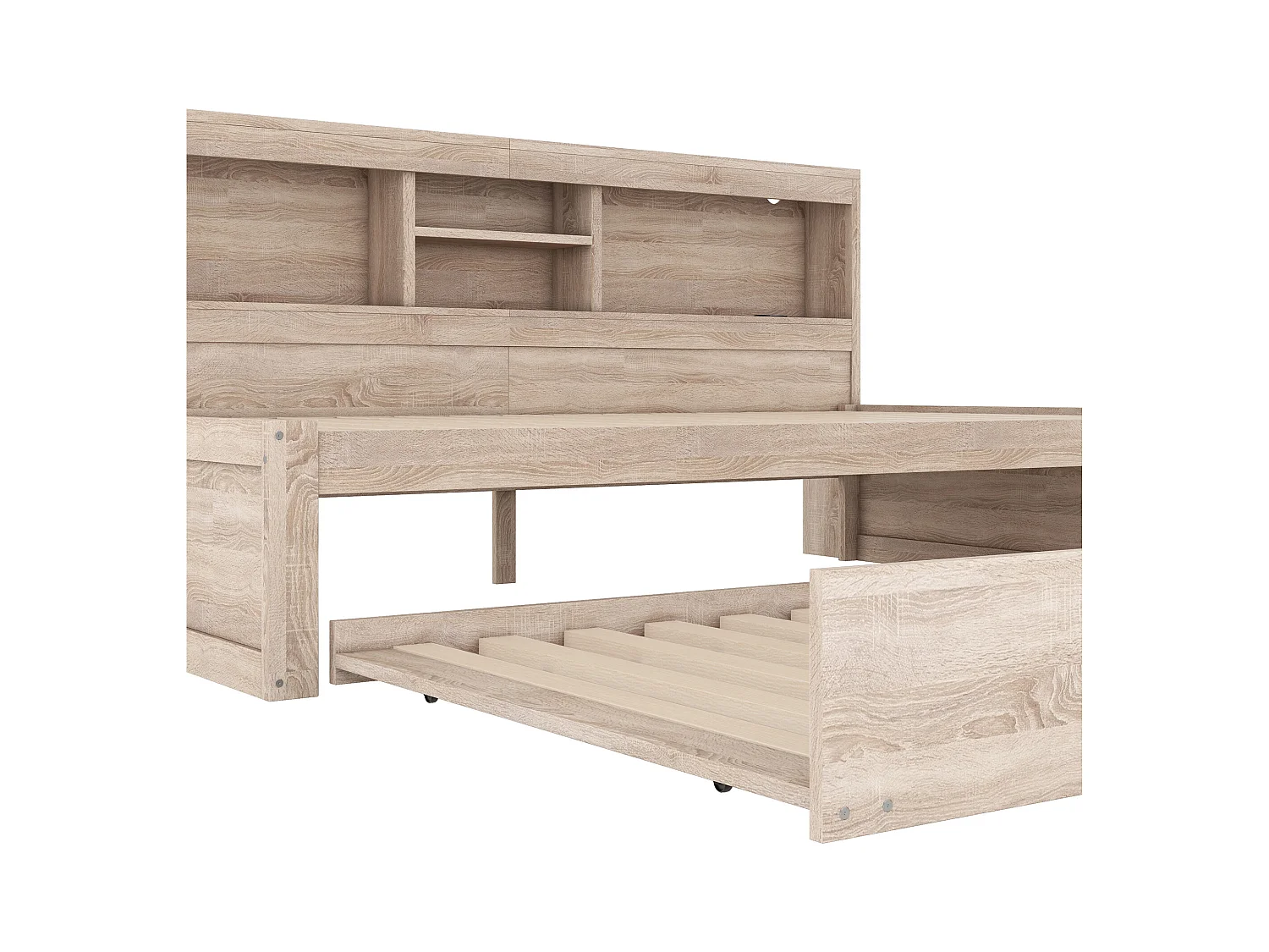 Lit enfant 90x200cm avec Etagère, lit gigogne 90x190cm,MDF naturel, sans matelas