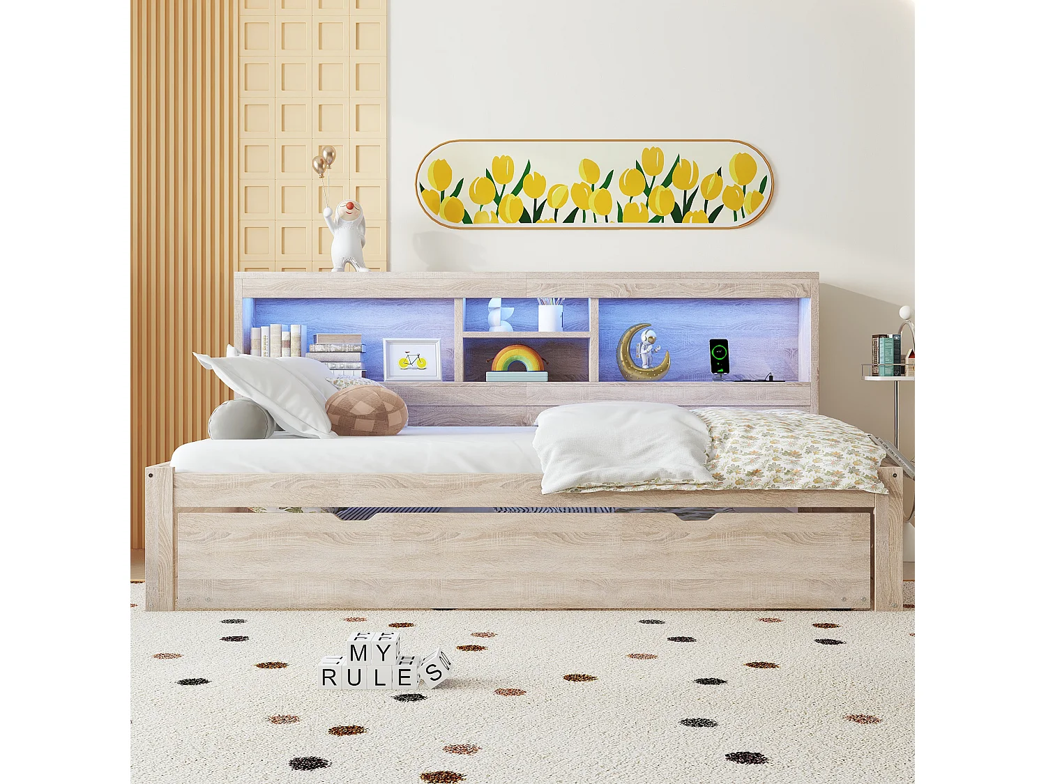 Lit enfant 90x200cm avec Etagère, lit gigogne 90x190cm,MDF naturel, sans matelas