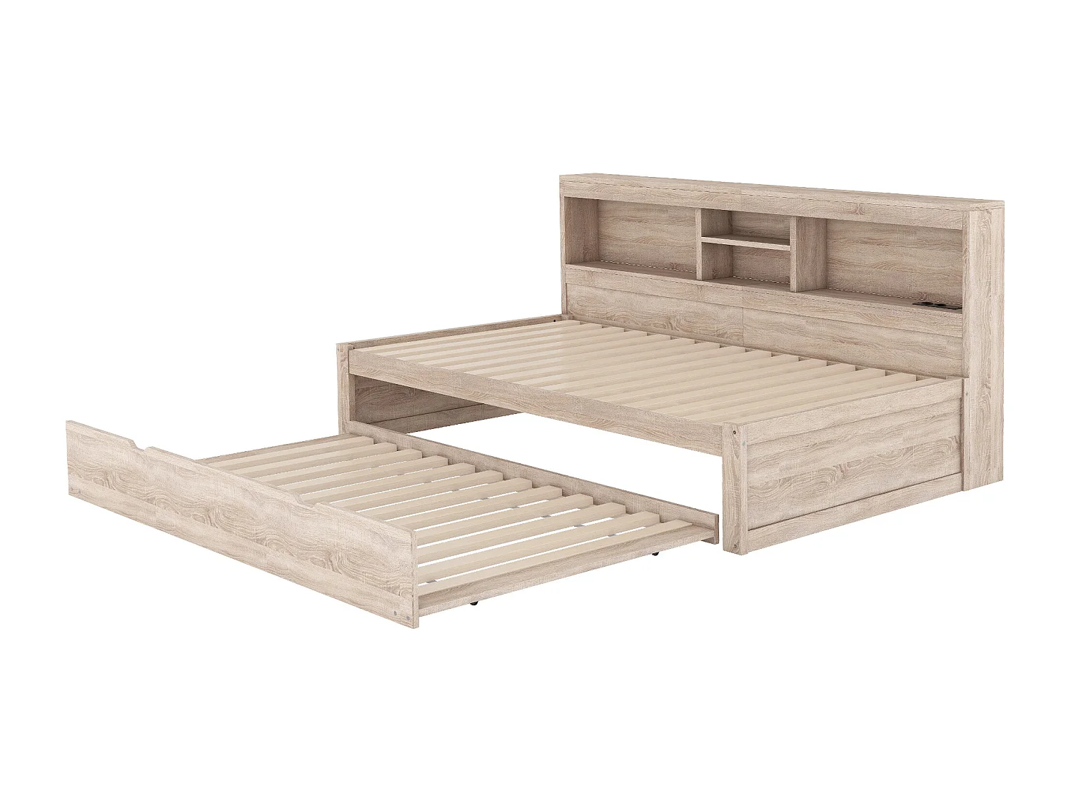 Lit enfant 90x200cm avec Etagère, lit gigogne 90x190cm,MDF naturel, sans matelas