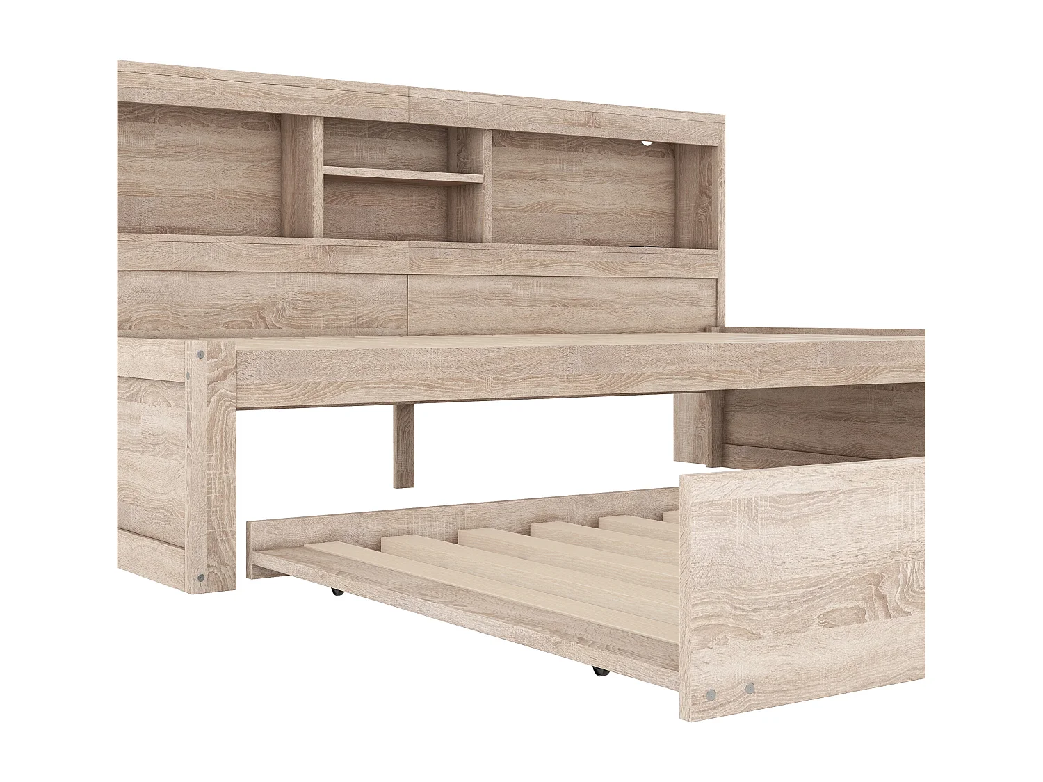 Lit enfant 90x200cm avec Etagère, lit gigogne 90x190cm,MDF naturel, sans matelas