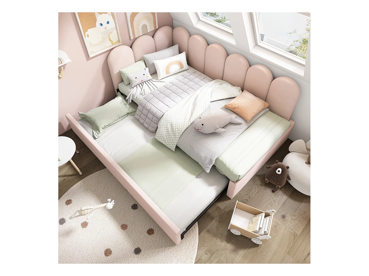 Lit enfant 90x200cm avec lit gigogne 90x190cm, en velours rose, sans matelas