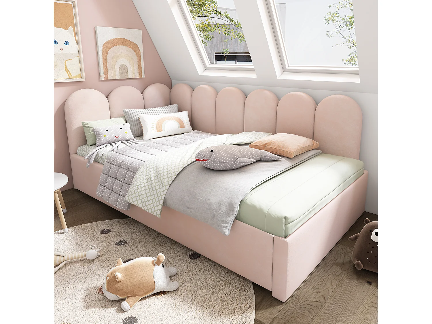 Kinderbed 90x200 cm met onderschuifbed 90x190 cm, roze fluwelen bekleding, zonder matras