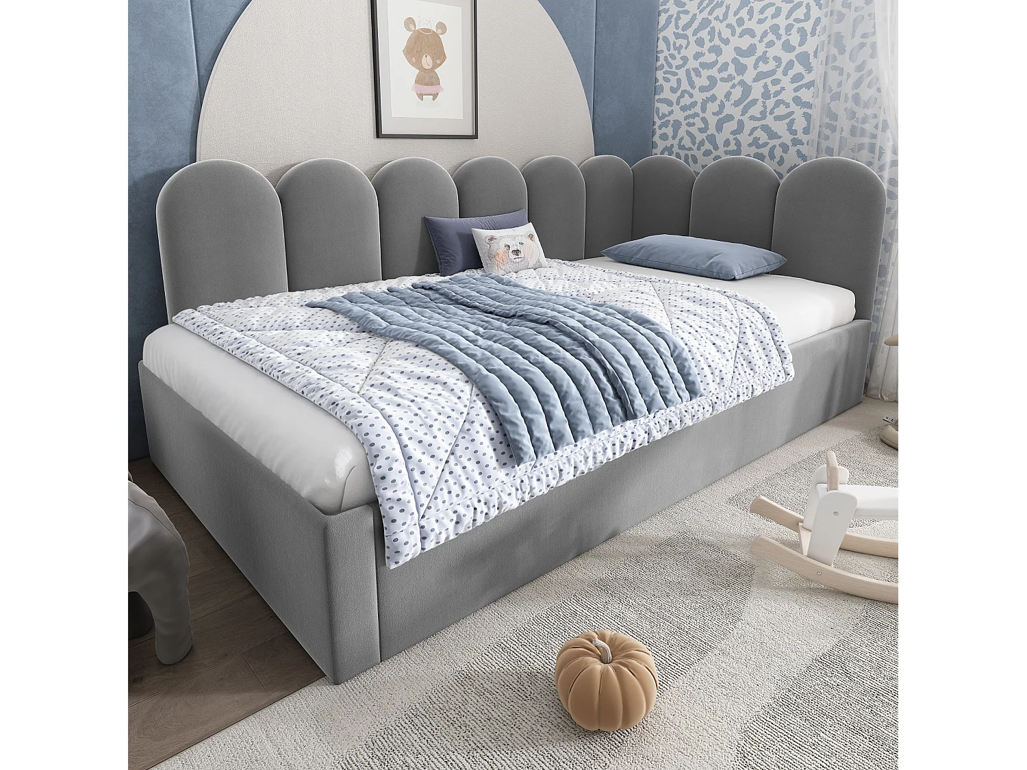 Lit enfant 90x200cm avec lit gigogne 90x190cm, en velours gris, sans matelas