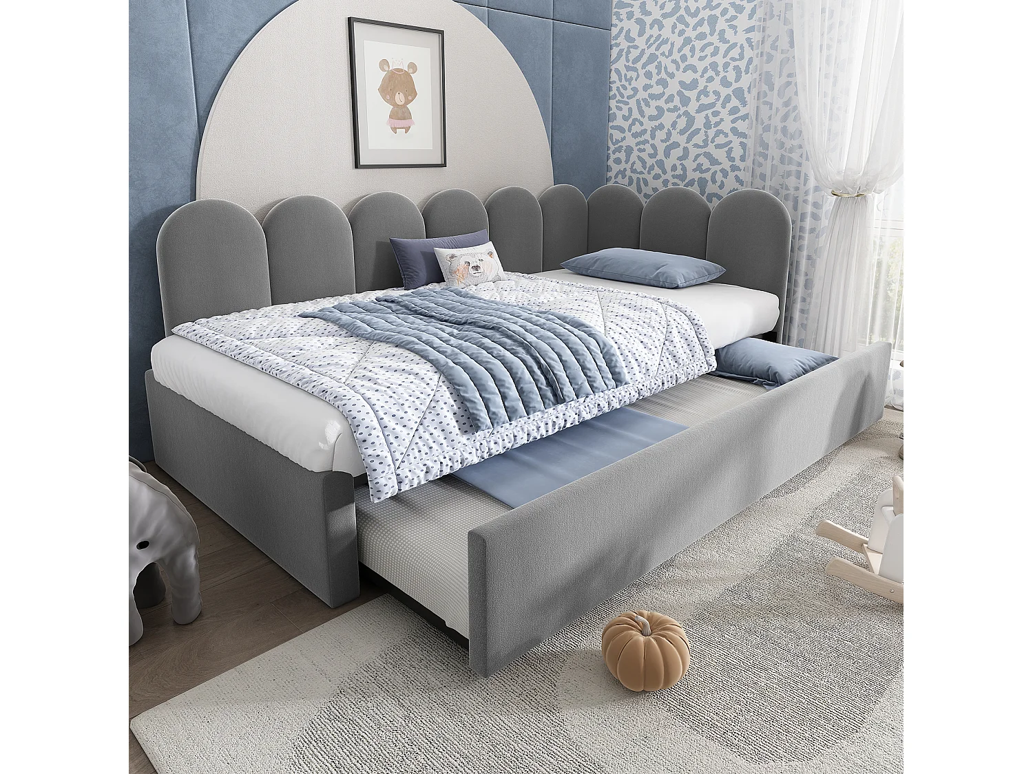 Lit enfant 90x200cm avec lit gigogne 90x190cm, en velours gris, sans matelas