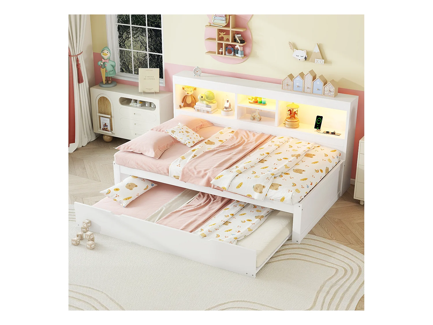 Lit enfant 90x200cm avec Etagère, lit gigogne 90x190cm,MDF blanc, sans matelas