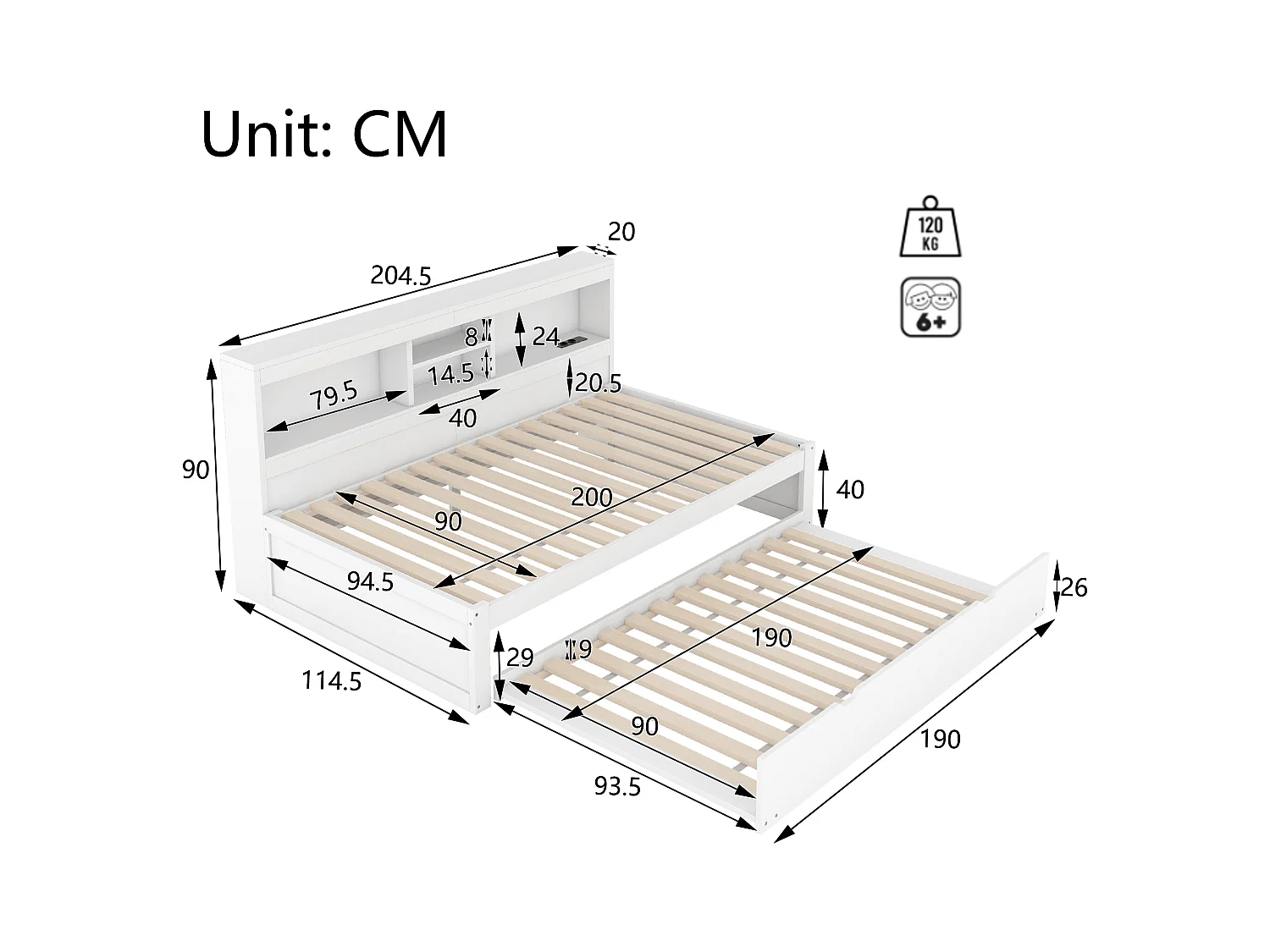 Lit enfant 90x200cm avec Etagère, lit gigogne 90x190cm,MDF blanc, sans matelas