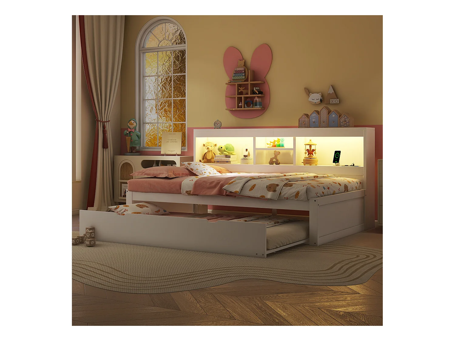 Lit enfant 90x200cm avec Etagère, lit gigogne 90x190cm,MDF blanc, sans matelas