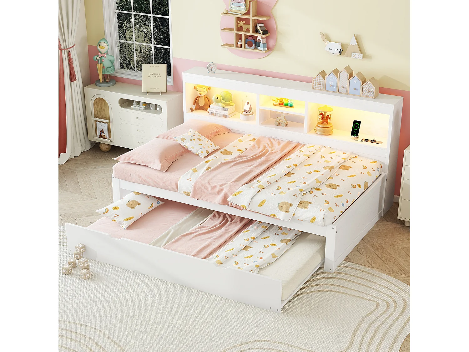 Cama infantil 90x200 cm com prateleira, cama ninho 90x190 cm, MDF branco, sem colchão