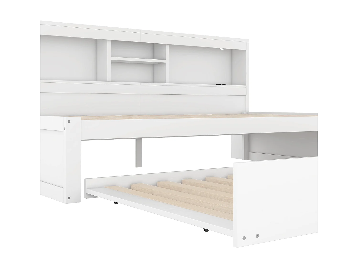 Cama infantil 90x200 cm com prateleira, cama ninho 90x190 cm, MDF branco, sem colchão