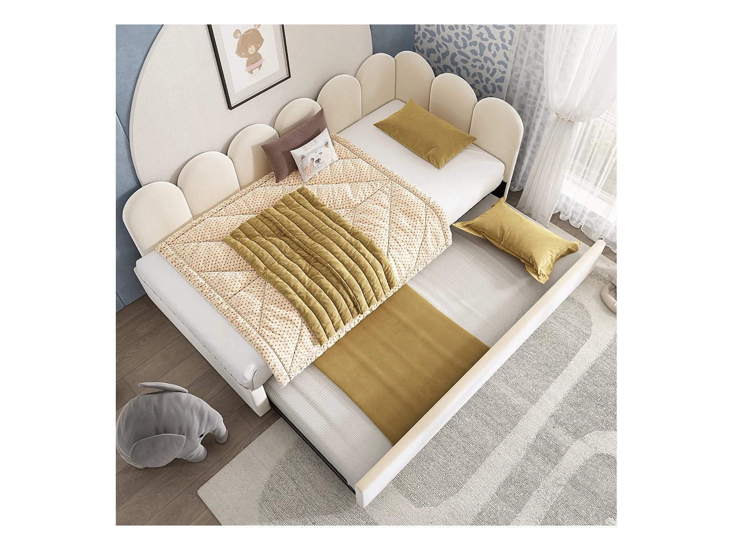 Letto per bambini 90x200 cm con letto estraibile 90x190 cm, rivestito in velluto beige, senza materasso