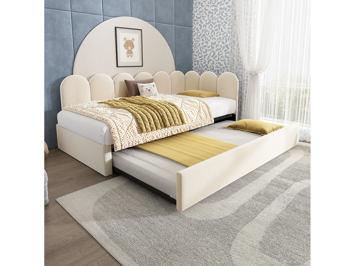 Lit enfant 90x200cm avec lit gigogne 90x190cm, en velours beige, sans matelas