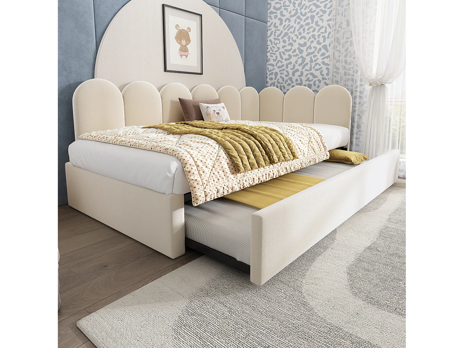 Lit enfant 90x200cm avec lit gigogne 90x190cm, en velours beige, sans matelas