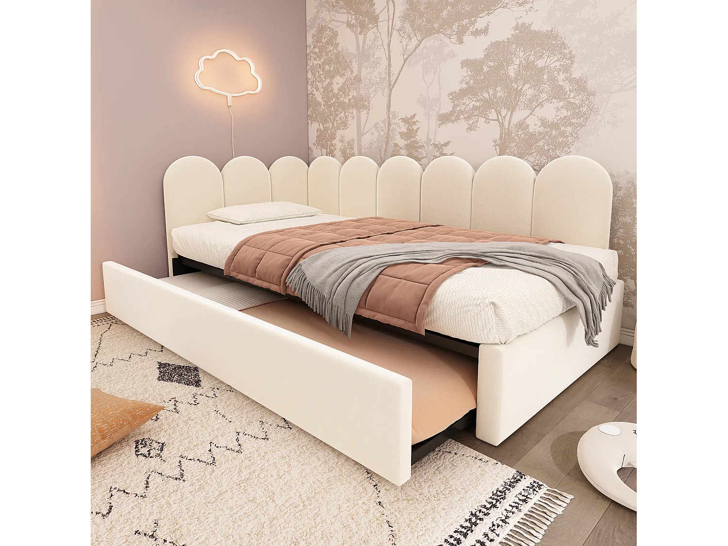 Lit enfant 90x200cm avec lit gigogne 90x190cm, en velours beige, sans matelas
