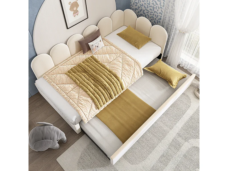 Lit enfant 90x200cm avec lit gigogne 90x190cm, en velours beige, sans matelas