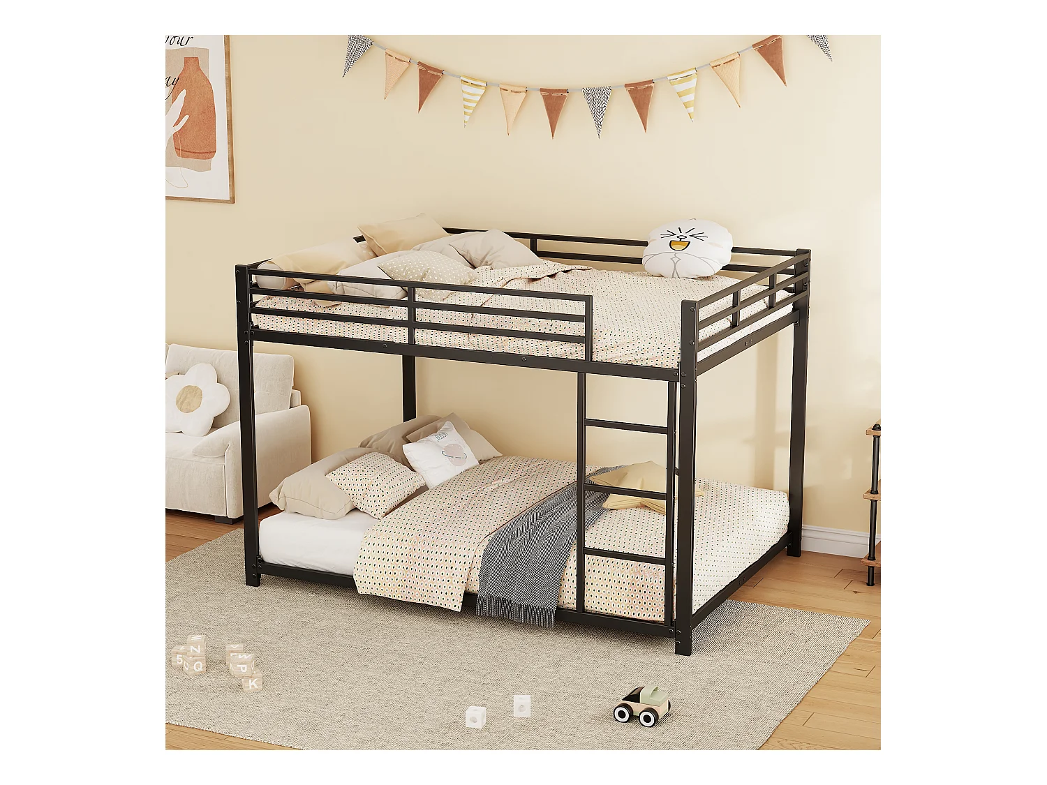 Stapelbed kind 140x200 cm van zwart metaal, lattenbodem inclusief, zonder matras