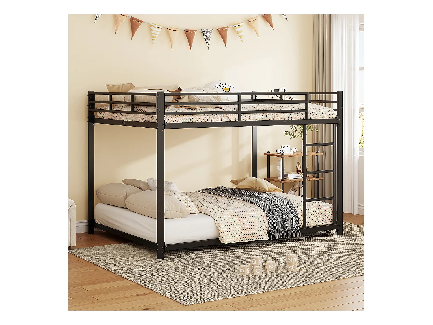 Lit superposé enfant 140x200cm en Métal noir, sommier à lattes inclus, sans matelas