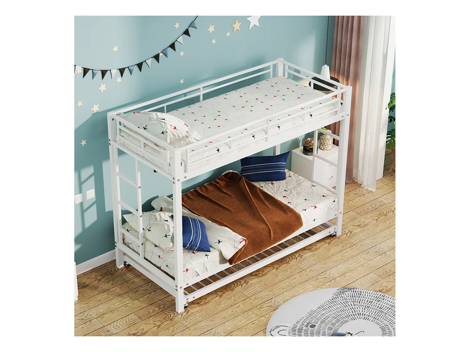 Lit superposé enfant 90x200cm avec lit gigogne 90x190cm, Barrières de sécurité et escalier, en Métal blanc, sans matelas