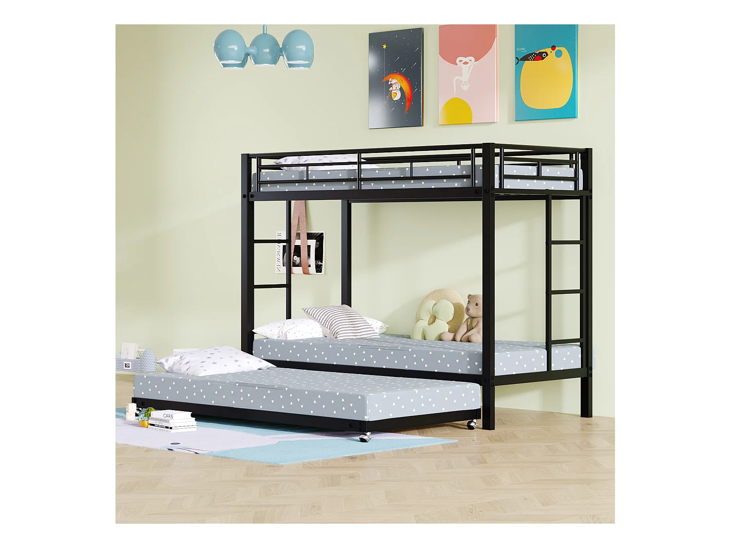 Beliche infantil 90x200 cm com cama de gaveta 90x190 cm, barreiras e escada, metal preto, sem colchão