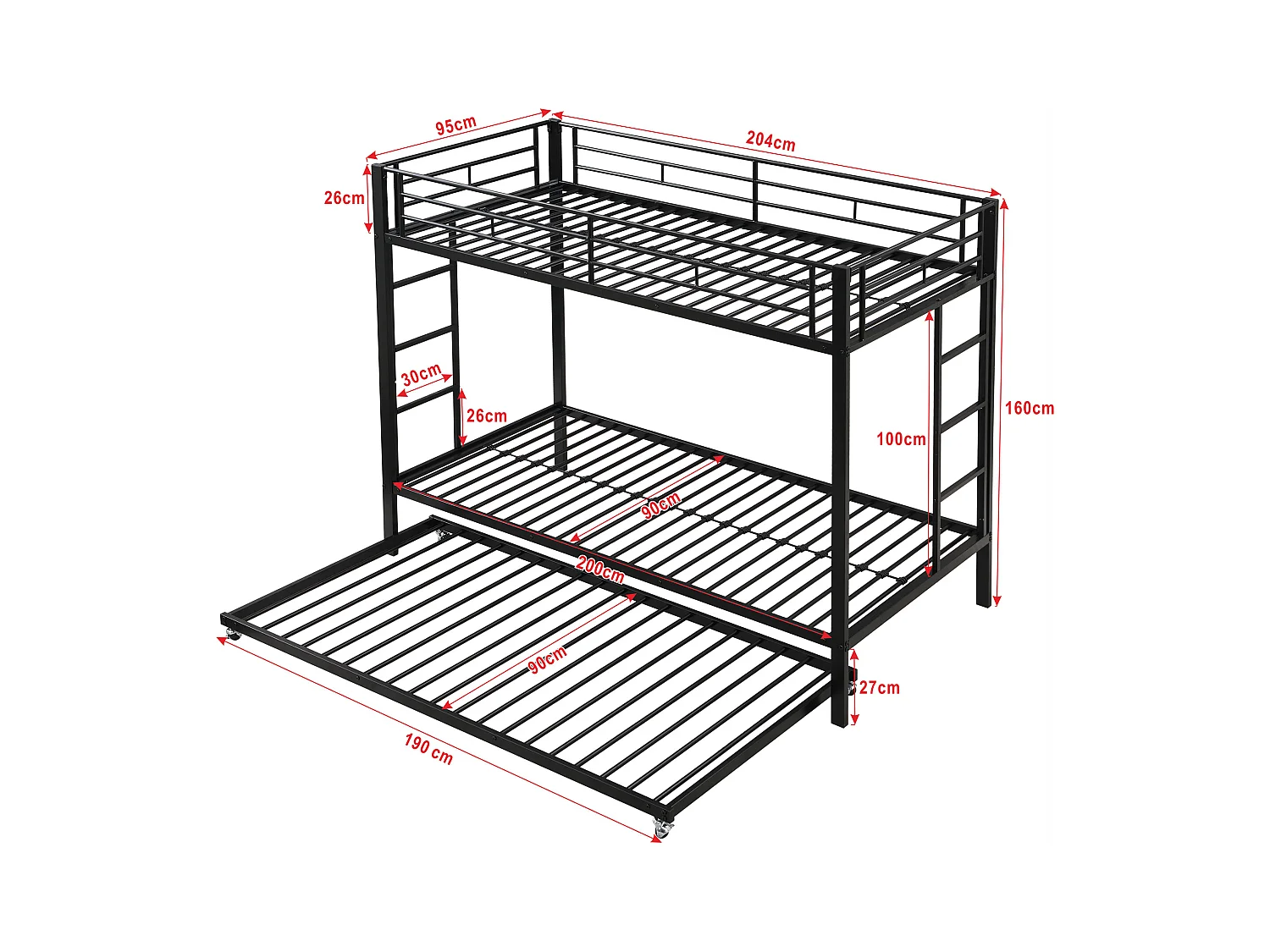 Beliche infantil 90x200 cm com cama de gaveta 90x190 cm, barreiras e escada, metal preto, sem colchão
