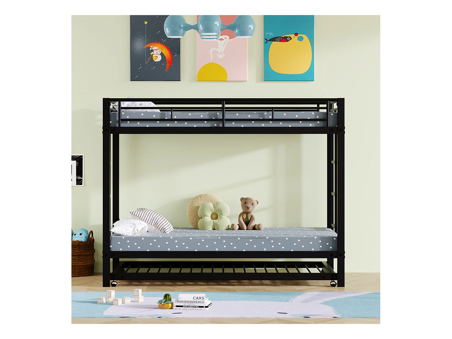 Beliche infantil 90x200 cm com cama de gaveta 90x190 cm, barreiras e escada, metal preto, sem colchão