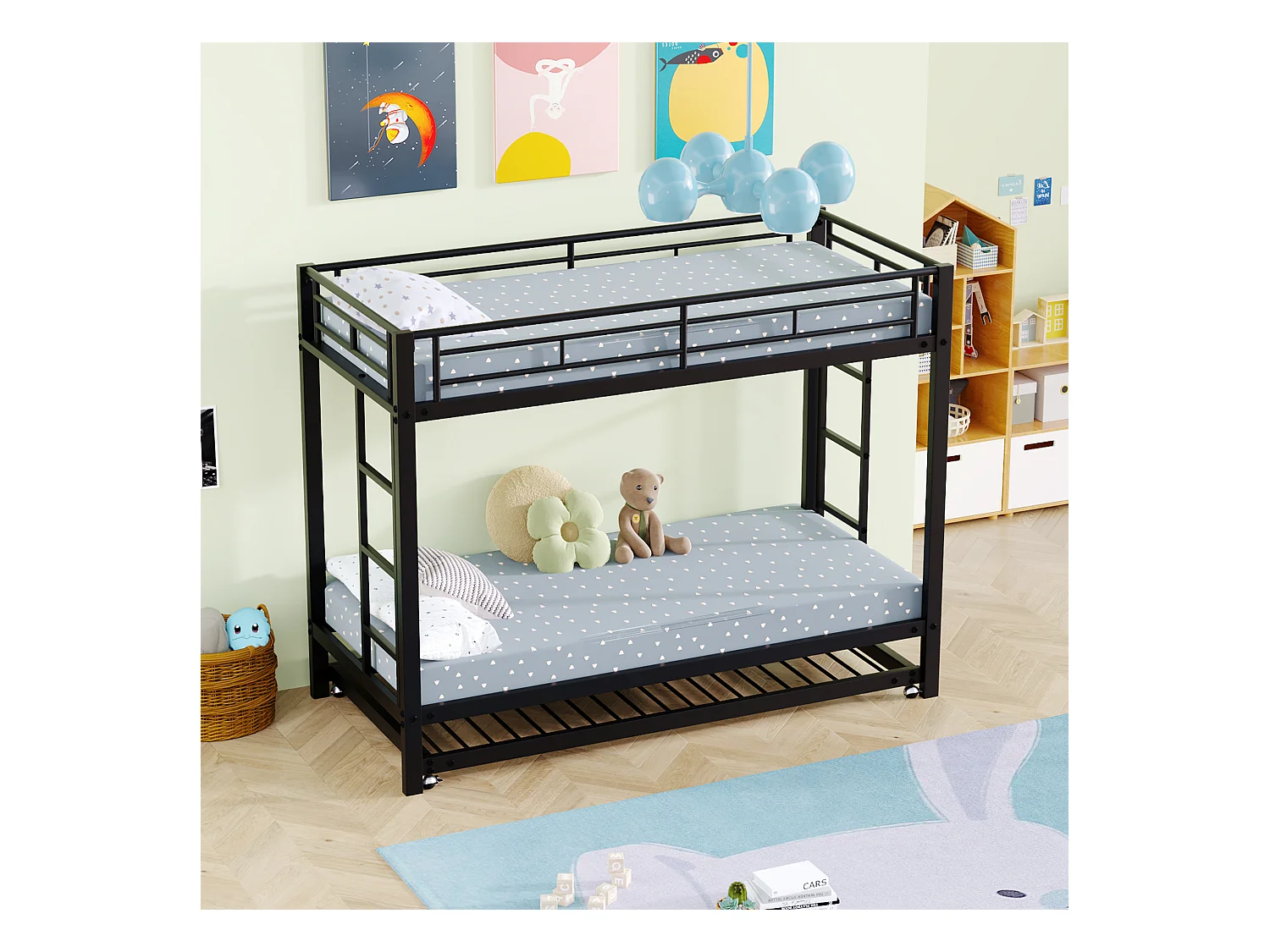 Beliche infantil 90x200 cm com cama de gaveta 90x190 cm, barreiras e escada, metal preto, sem colchão
