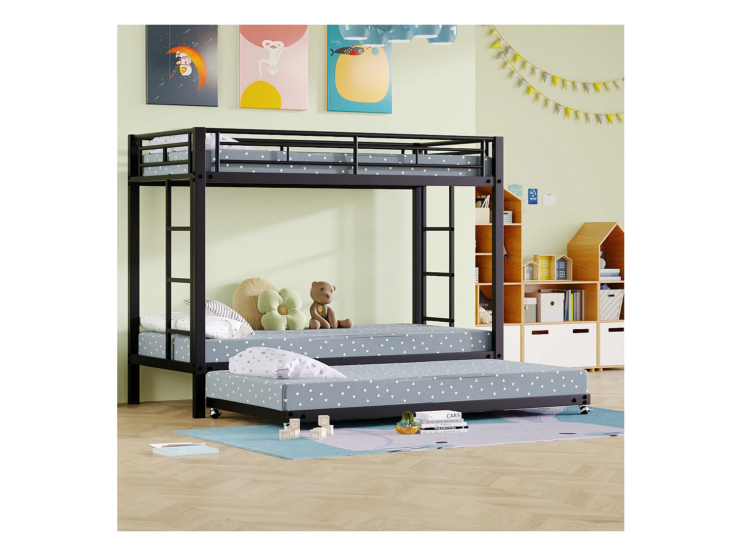 Lit superposé enfant 90x200cm avec lit gigogne 90x190cm, Barrières de sécurité et escalier, en Métal noir, sans matelas