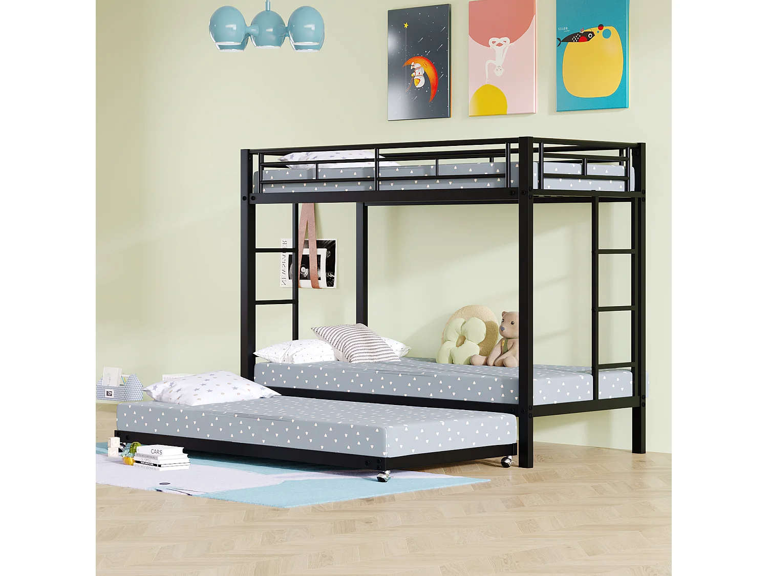 Stapelbed voor kinderen 90x200 cm met uitschuifbed 90x190 cm, veiligheidsbarrières en trap, zwart metaal, zonder matras