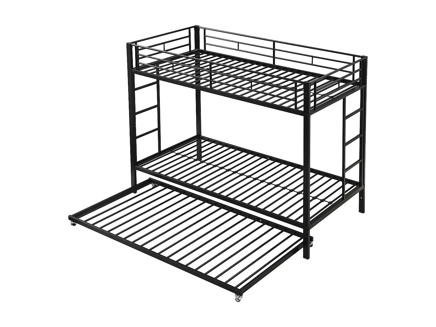 Stapelbed voor kinderen 90x200 cm met uitschuifbed 90x190 cm, veiligheidsbarrières en trap, zwart metaal, zonder matras