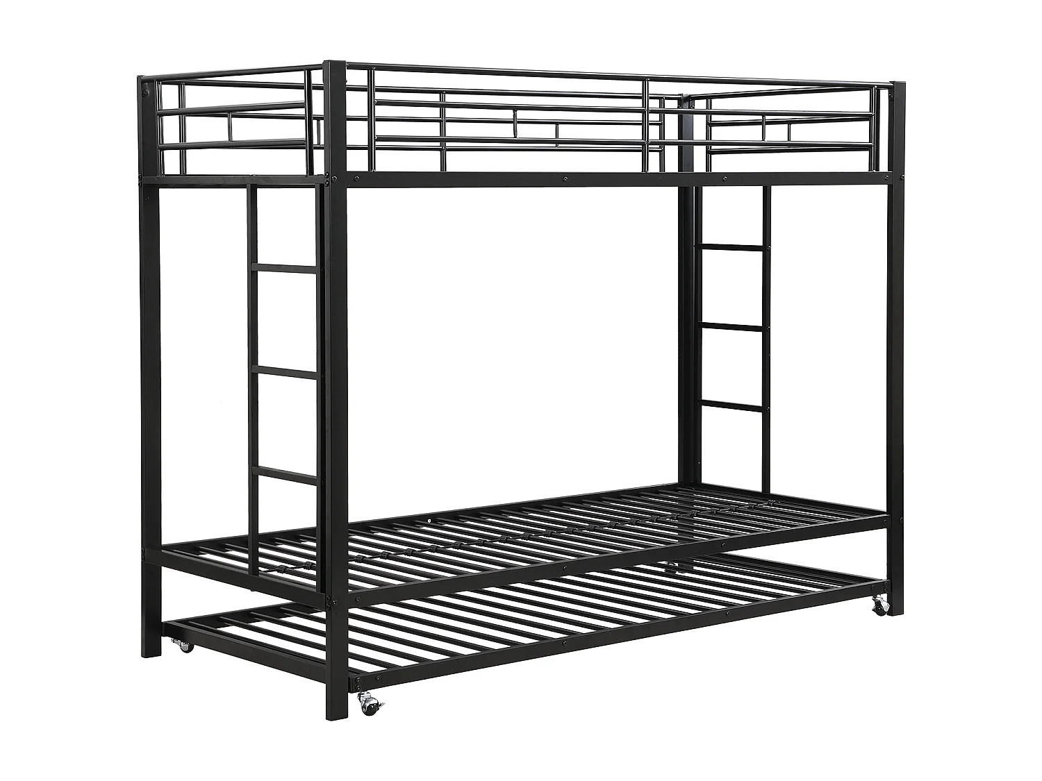 Stapelbed voor kinderen 90x200 cm met uitschuifbed 90x190 cm, veiligheidsbarrières en trap, zwart metaal, zonder matras