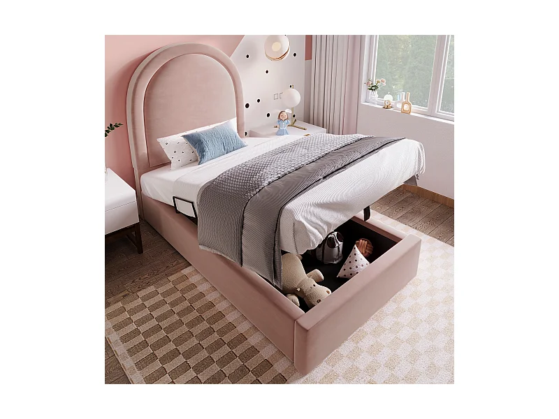 Cama com arrumação infantil 90x200 cm com cabeceira arredondada, veludo rosa, sem colchão