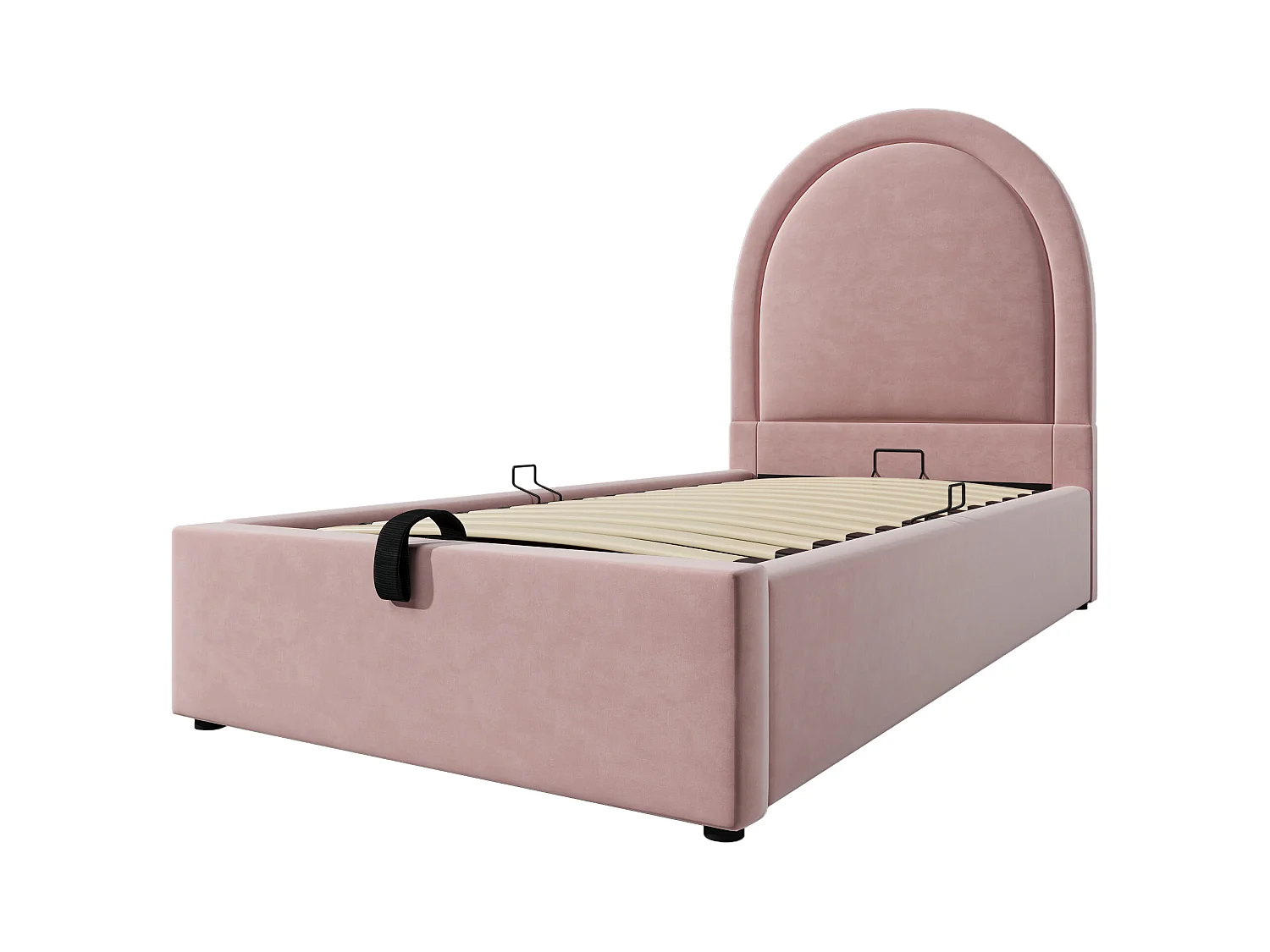 Lit coffre enfant 90x200cm avec Tête de lit en demi-cercle, velours rose, sans matelas