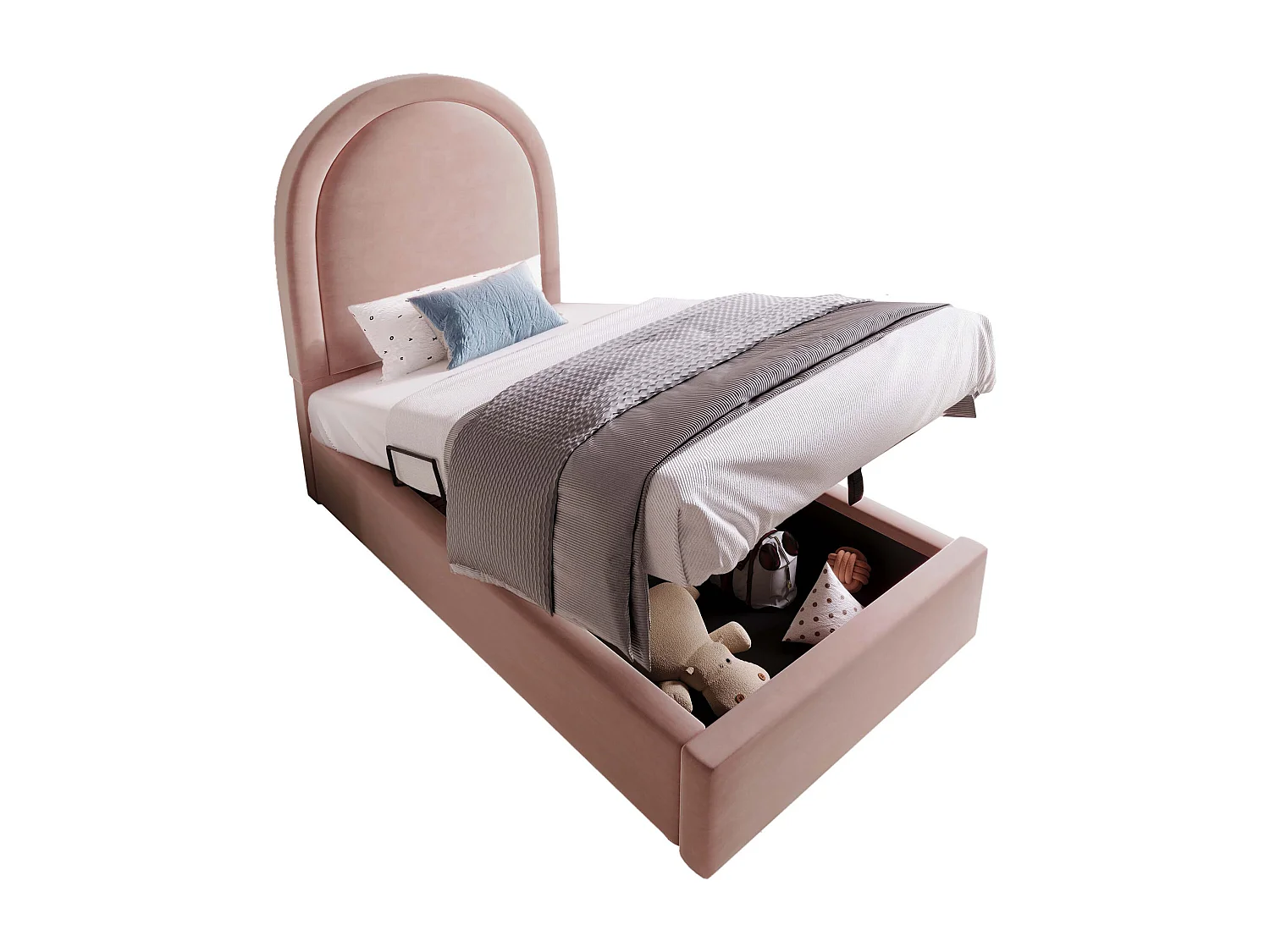 Lit coffre enfant 90x200cm avec Tête de lit en demi-cercle, velours rose, sans matelas
