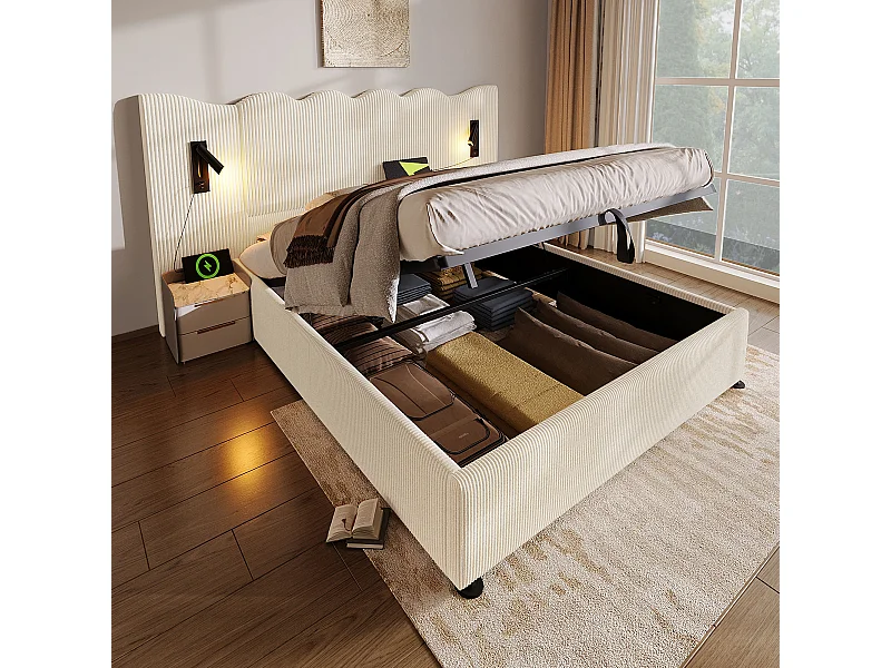 Lit coffre adulte 180x200cm avec 2 lampes de lecture et USB, velours Côtelé, beige, sans matelas