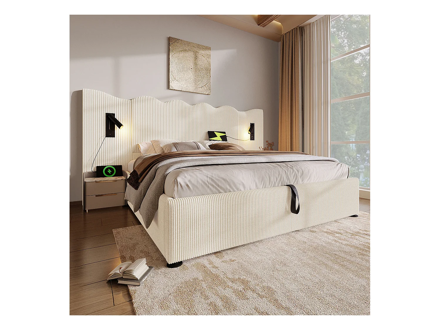 Lit coffre adulte 180x200cm avec 2 lampes de lecture et USB, velours Côtelé, beige, sans matelas