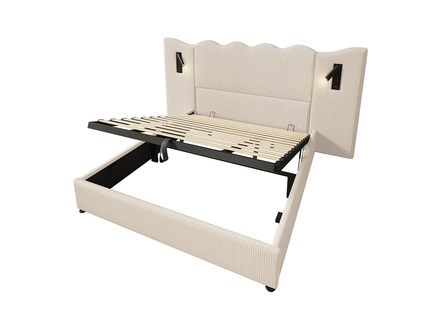 Lit coffre adulte 180x200cm avec 2 lampes de lecture et USB, velours Côtelé, beige, sans matelas
