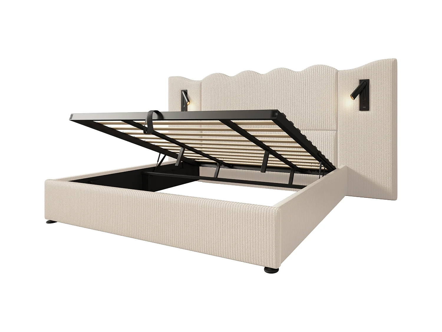 Lit coffre adulte 180x200cm avec 2 lampes de lecture et USB, velours Côtelé, beige, sans matelas