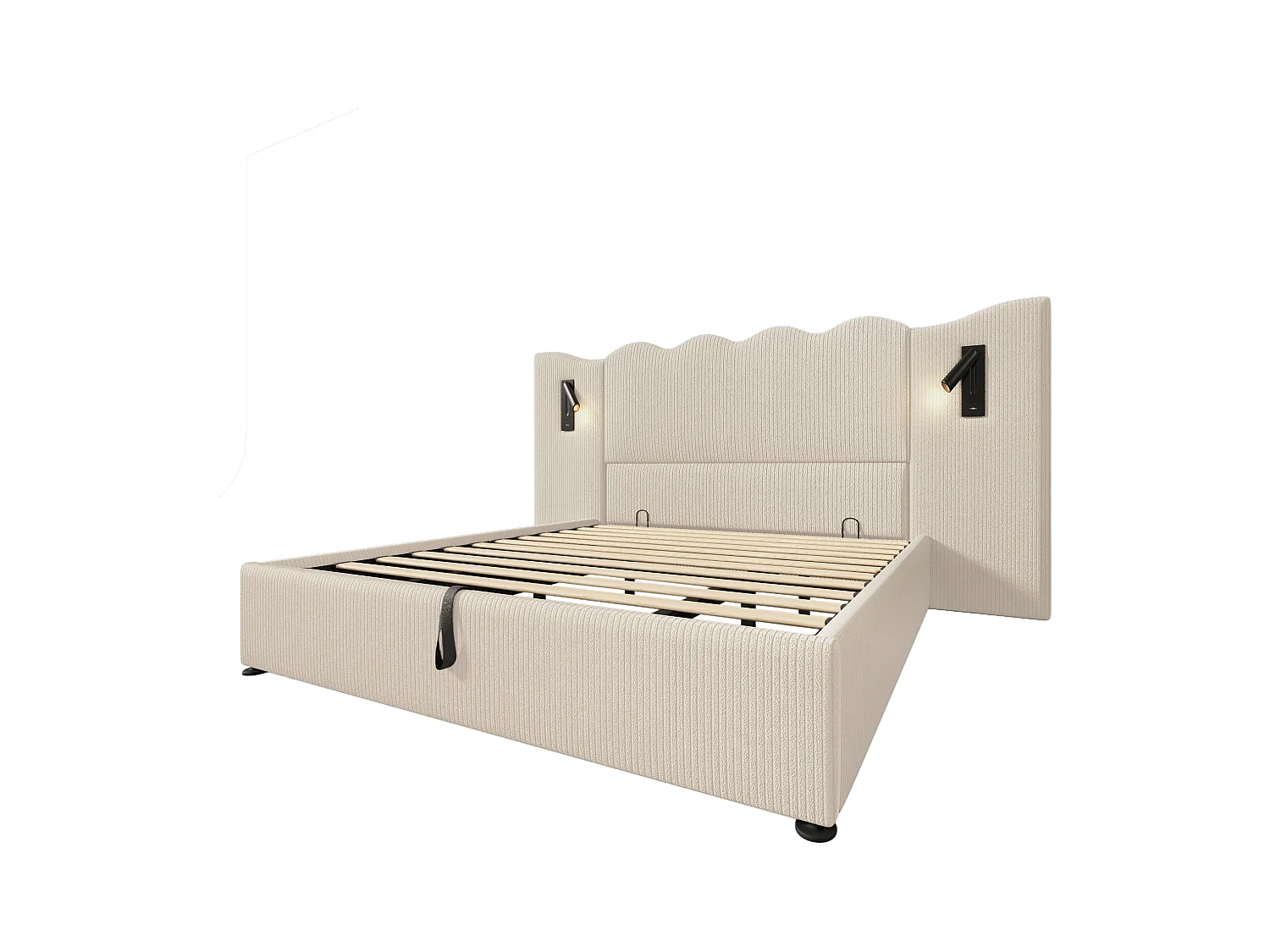 Lit coffre adulte 180x200cm avec 2 lampes de lecture et USB, velours Côtelé, beige, sans matelas