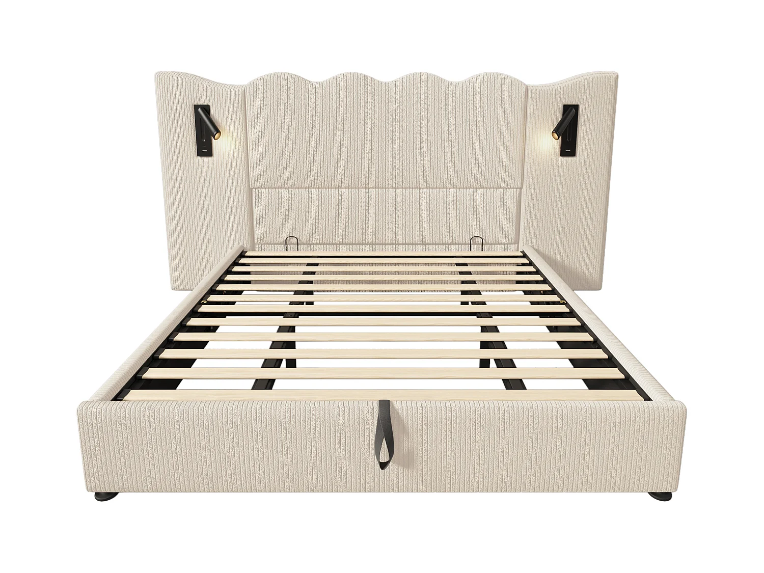 Lit coffre adulte 180x200cm avec 2 lampes de lecture et USB, velours Côtelé, beige, sans matelas