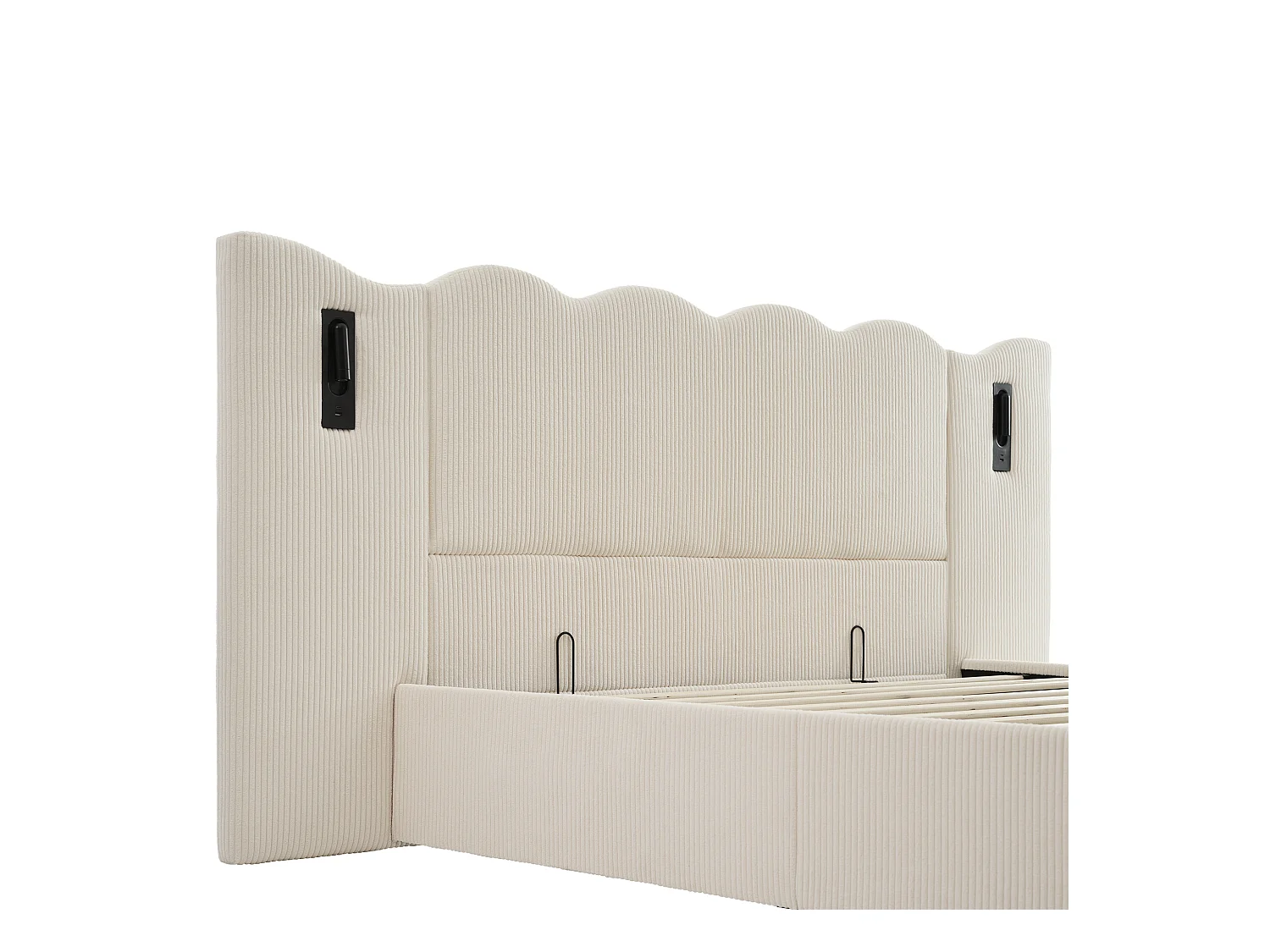 Lit coffre adulte 180x200cm avec 2 lampes de lecture et USB, velours Côtelé, beige, sans matelas