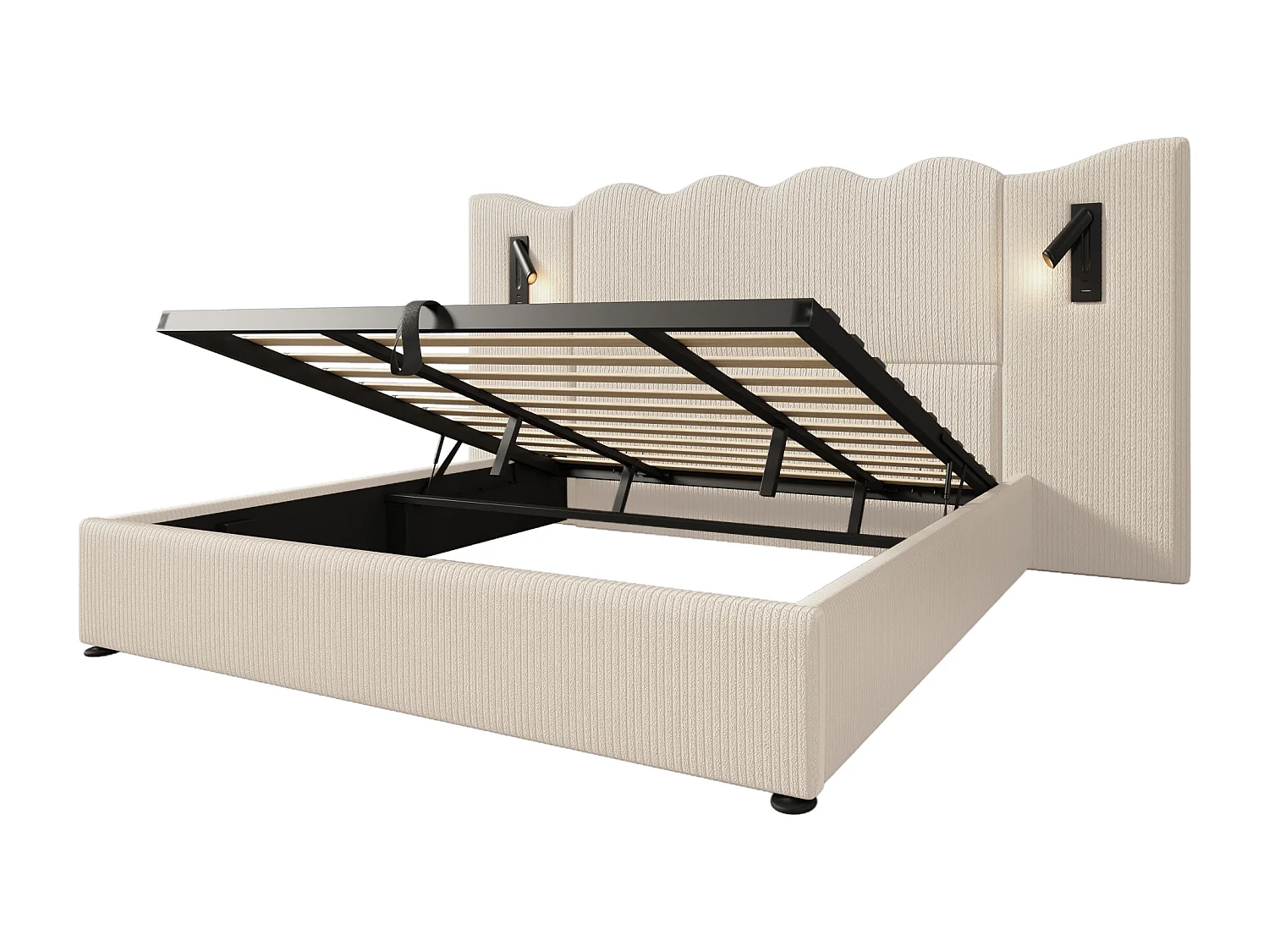 Cama com arrumação 180x200 cm com 2 luzes de leitura e USB, veludo canelado bege, sem colchão