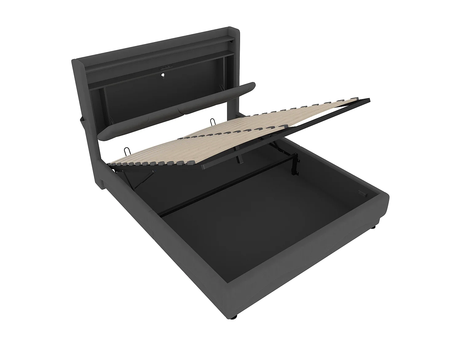 Opbergbed volwassenen 160x200 cm grijs met USB-poort en LED, fluweel, lattenbodem, zonder matras