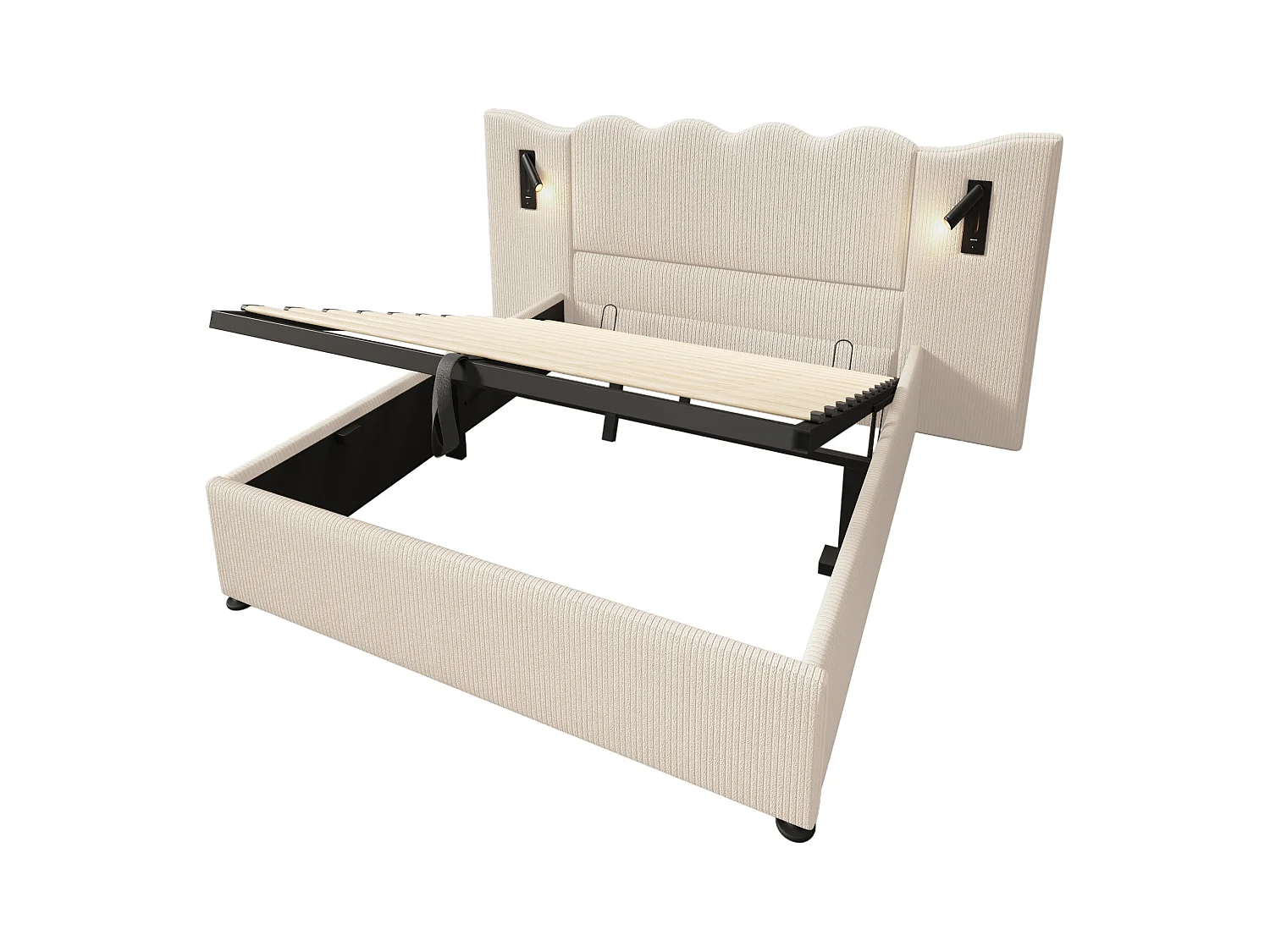 Lit coffre adulte 160x200cm avec 2 lampes de lecture et USB, velours Côtelé, beige, sans matelas
