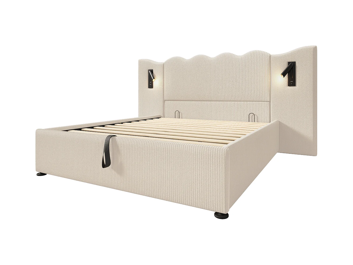 Lit coffre adulte 160x200cm avec 2 lampes de lecture et USB, velours Côtelé, beige, sans matelas